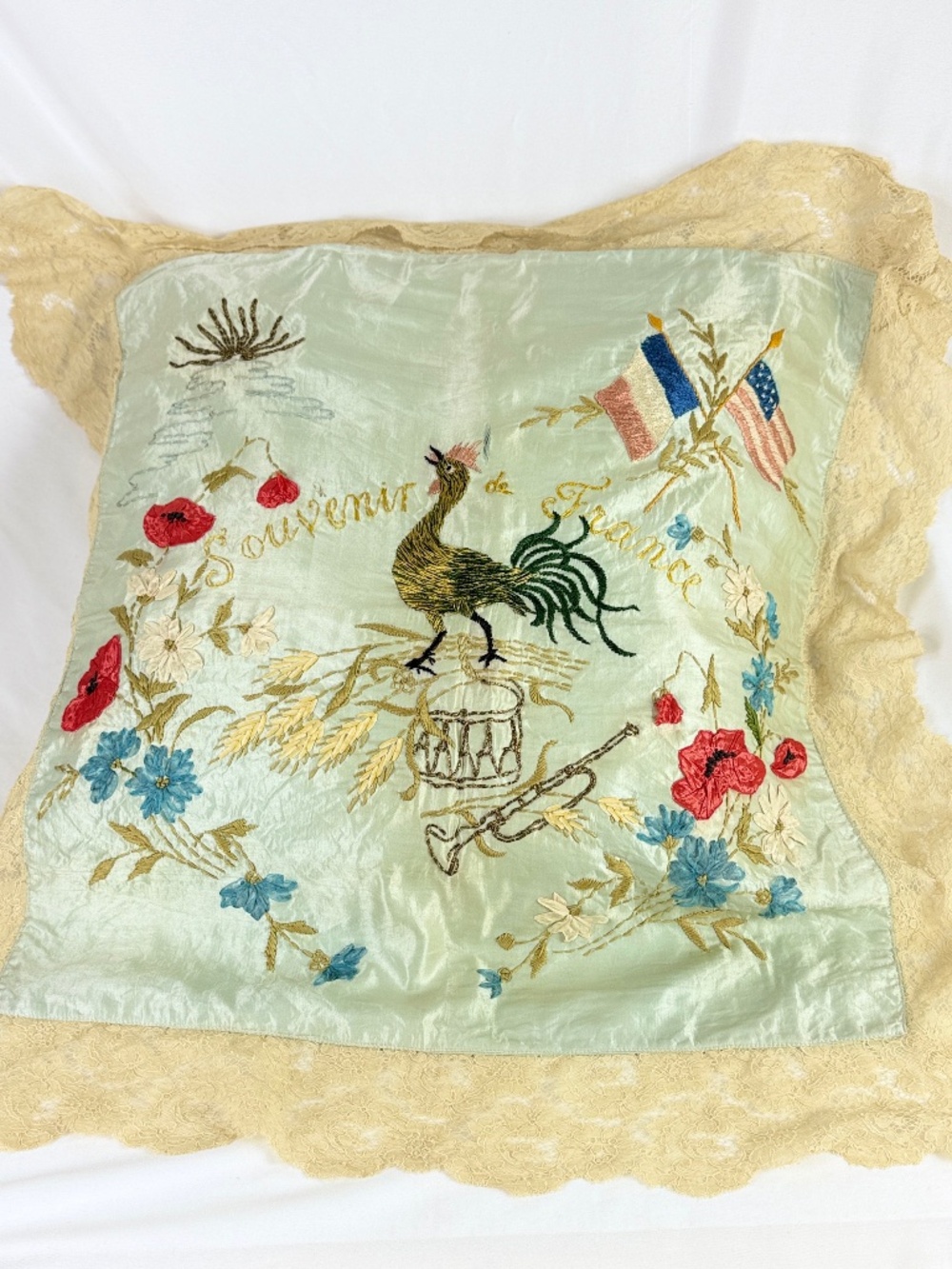 Antique WWI Silk EU Sham Pillow Cover Souvenir of France Flags Embroidery 22X22